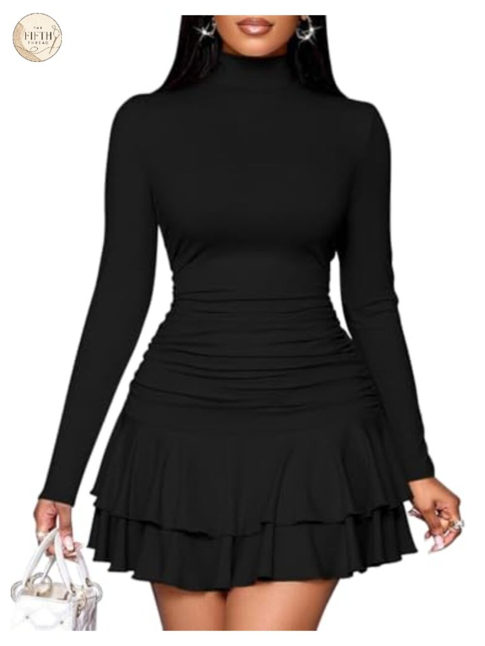 High Neck Long Sleeve Ruched Mini Bodycon Dress